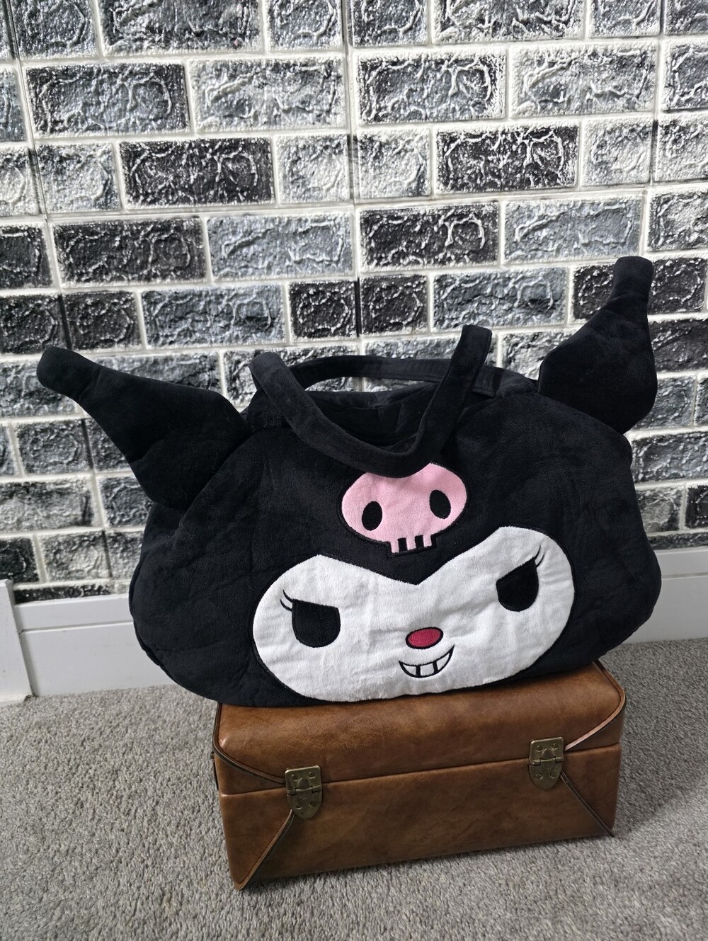 Sanrio Kuromi Plush Tote Bag - Black & White with Pink Accent